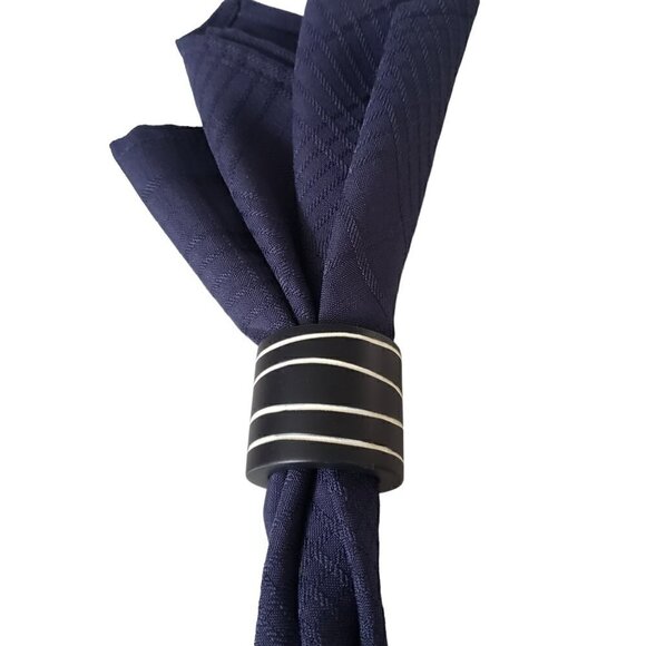 Vintage Thick Wooden Round Napkin Rings Black with White Stripes Set of 4 MCM - Picture 2 of 5